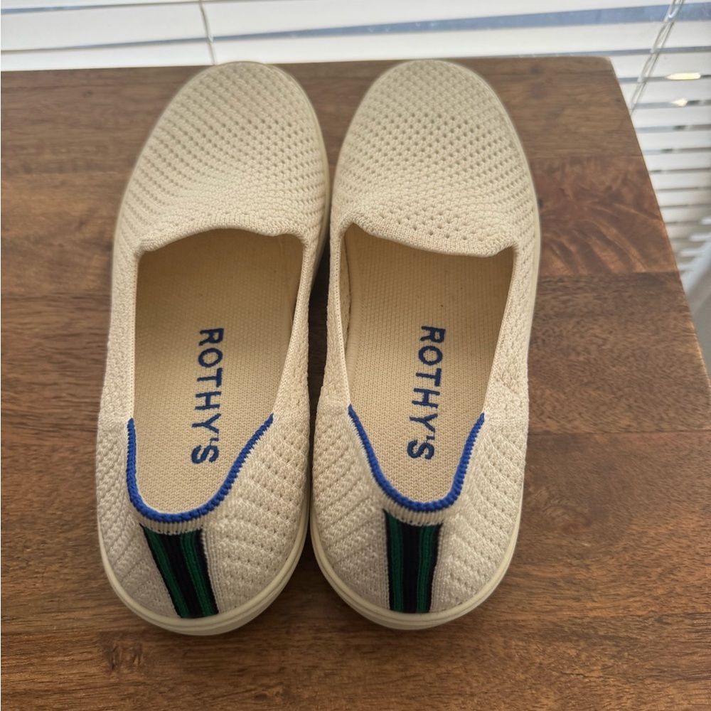 Rothy's Beige Slip-Ons with Blue and Green Accents